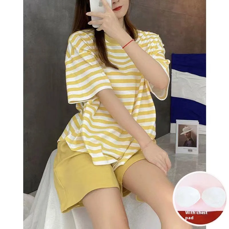 New Pajamas Loungewear Set Women\'s Summer Short Sleeve Striped With Chest Pad Students Can Wear Loungewear Set Women\'s Homewear