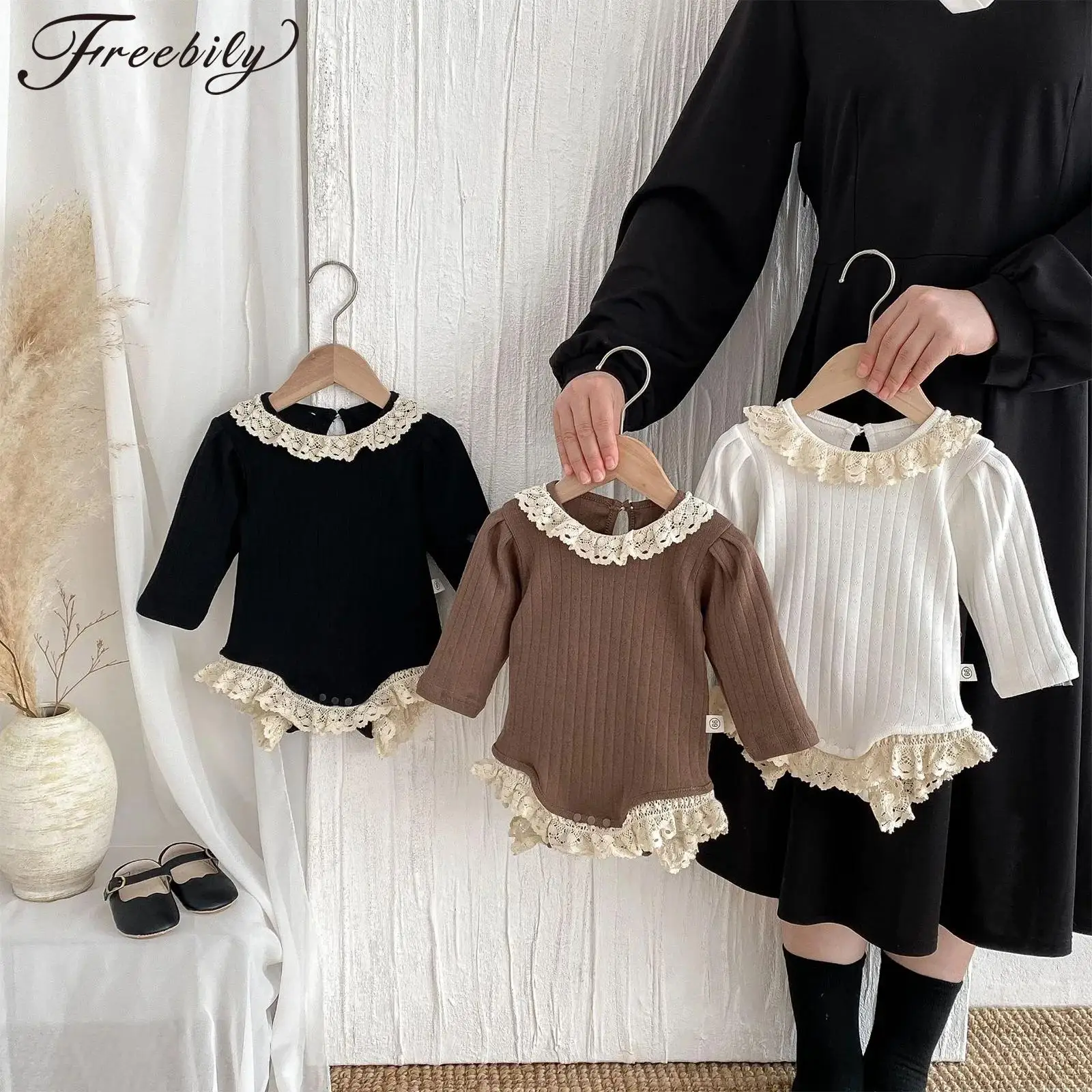 

Infant Baby Girls Cute Lace Trim Ribbed Rompers Long Sleeves Jumpsuit Spring Autumn Clothing Birthday Wedding Party Daily Wear