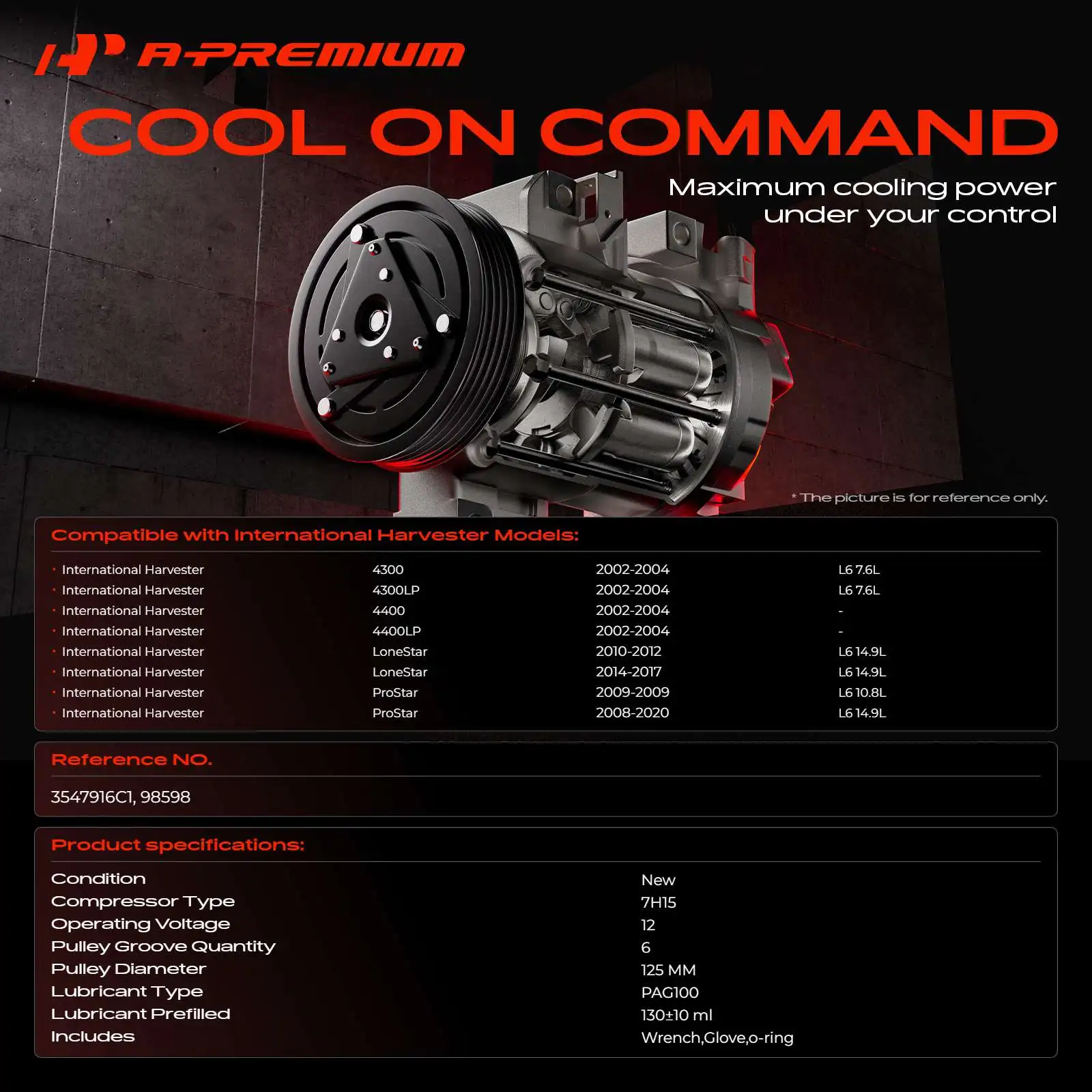 A-Premium AC Compressor with Clutch for International Harvester 4300 4400 4300LP 4400LP 2002-2004 ProStar 2008-2020 LoneStar