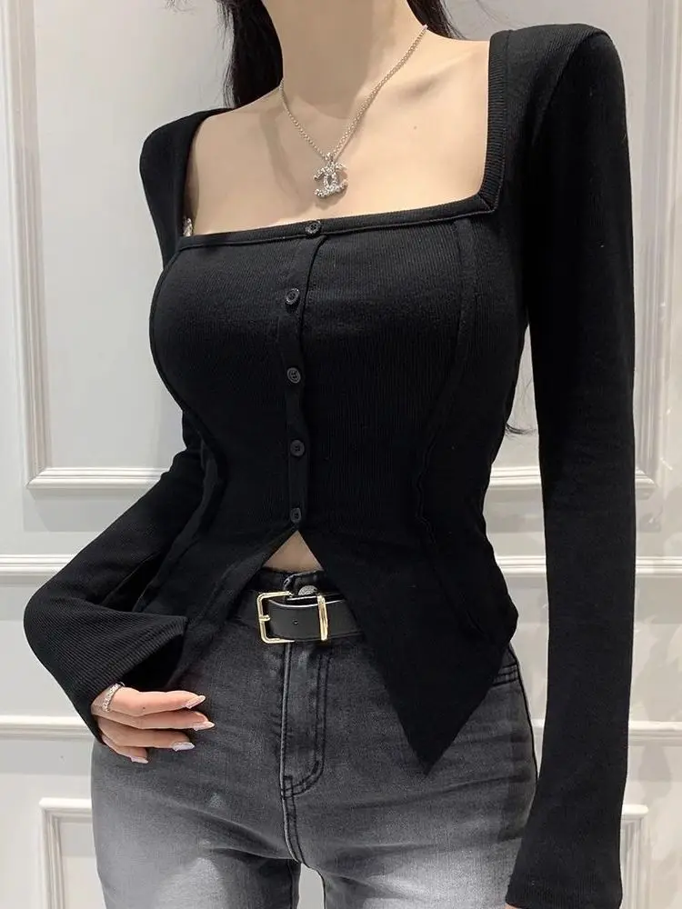 

plus Size Women's Long Sleeve T-Shirt Square Collar Slim Fit Show Thinness Spring Autumn Pure Desire Spicy Girl Base Shirt