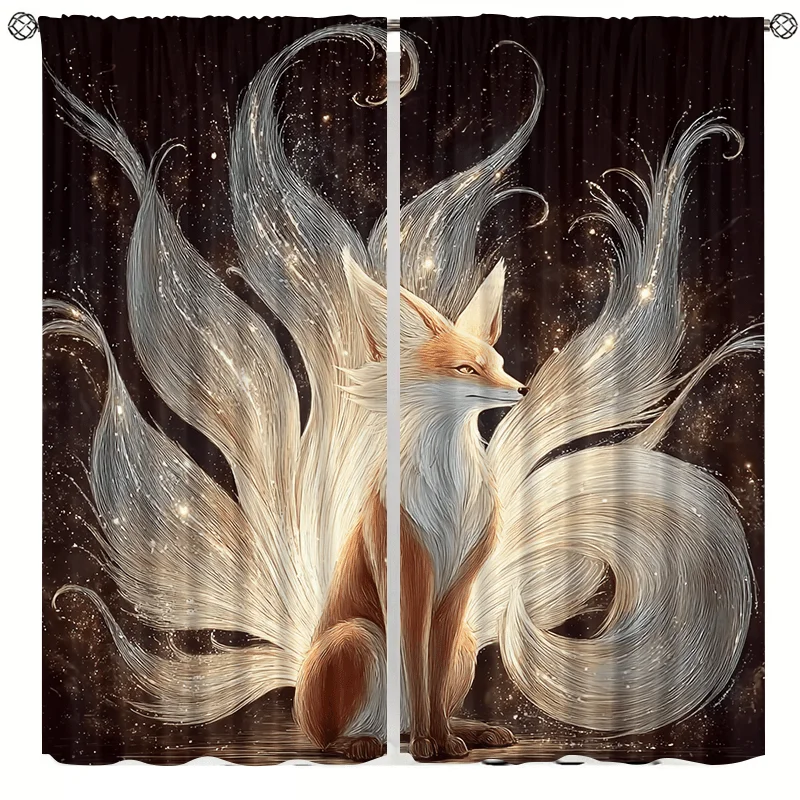 Starlight Nine-Tailed Fox Animal Curtains, installed using pocket rod method suitable bedrooms living rooms balconies decoration