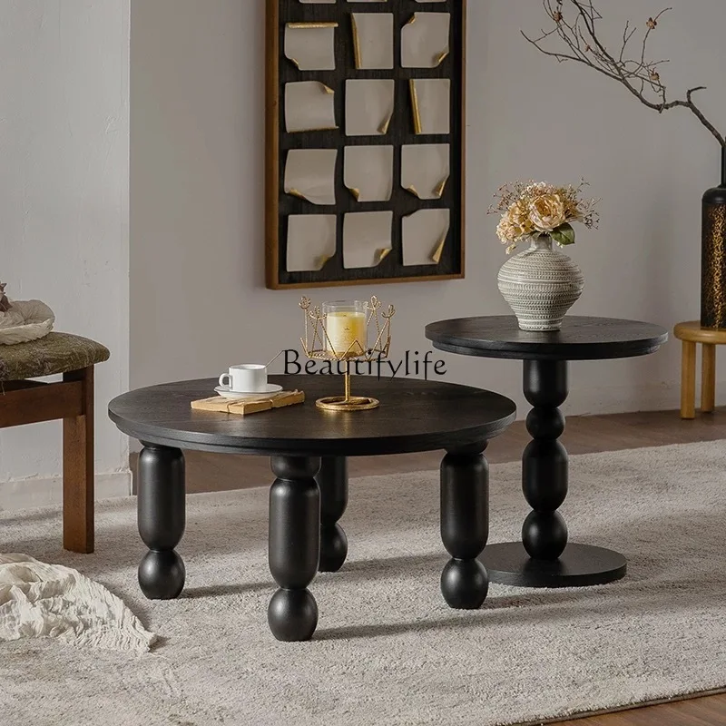 

Vintage Style Black Solid Wood Round Coffee Table Set for Living Room Small Apartment
