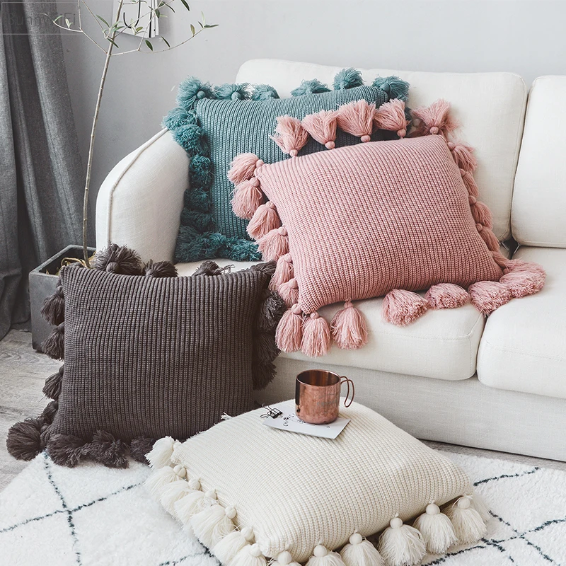 

Knit Cushion Cover Solid Ivory Grey Pink Ivory Green Solid Pillow Case 45*45cm Soft For Sofa Bed Nursery Room Decorative