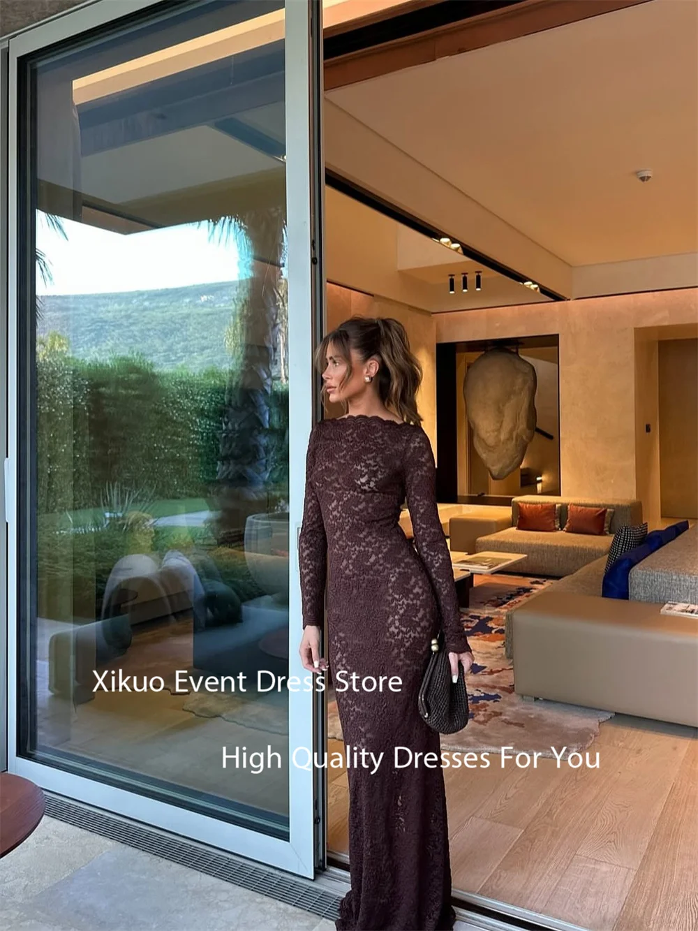 Xikuo Abiti lunghi sexy in pizzo marrone Abiti da sera Appliques Abiti aderenti De Verano 2025 Abiti da festa di alta qualità personalizzati