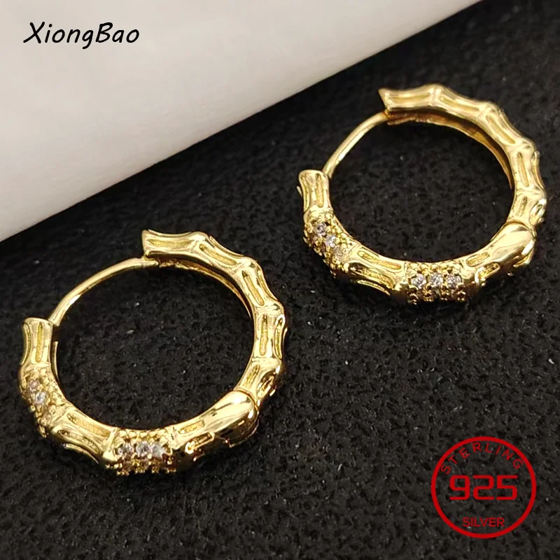 

Серьги-кольца из стерлингового серебра 925 пробы в форме бамбука с белыми фианитами, золотистого цвета, простые, модные, женские украшения 2026