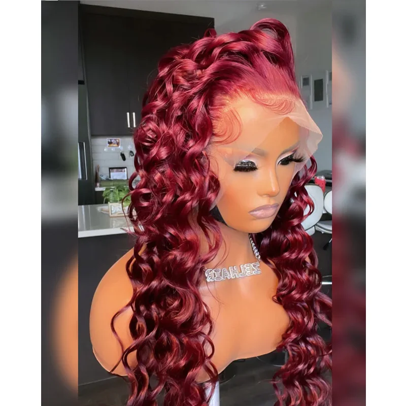 Wine Red 26Inch 180%Density Glueless Deep Wave Lace Front Wig 99J Burgundy For Black Women With Baby Hair Heat Temperature Daily