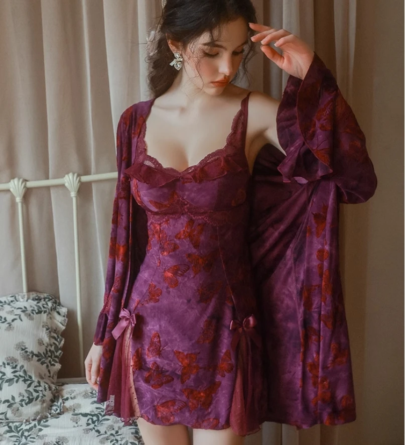 

Purple Butterfly Embroidery High-Elastic Women Sexy Lingerie Nightdress Nightgown Ladies Home Clothing Underwear Babydooll Woman