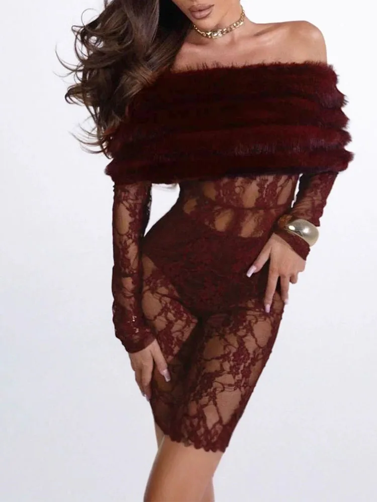 

Сексуальное платье Mingyuan с меховым воротником и кружевом на одно плечо, облегающий осенне-зимний новый стильный модный и сексуальный комбинезон