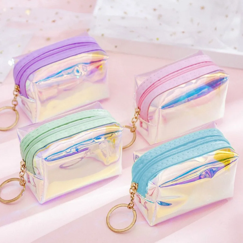 Kawaii Holographic Mini Coin Purse Pastel Color Waterproof Mini Keychain Bag Zipper Portable Transparent PVC Wallet Daily Use