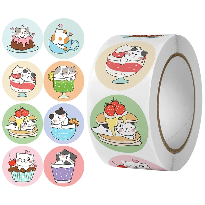 500pcs Cartoon Cat Stickers Round Adhesive Labels For Kids Children Teacher Prize Business Gift Wraps Decorative Stickers