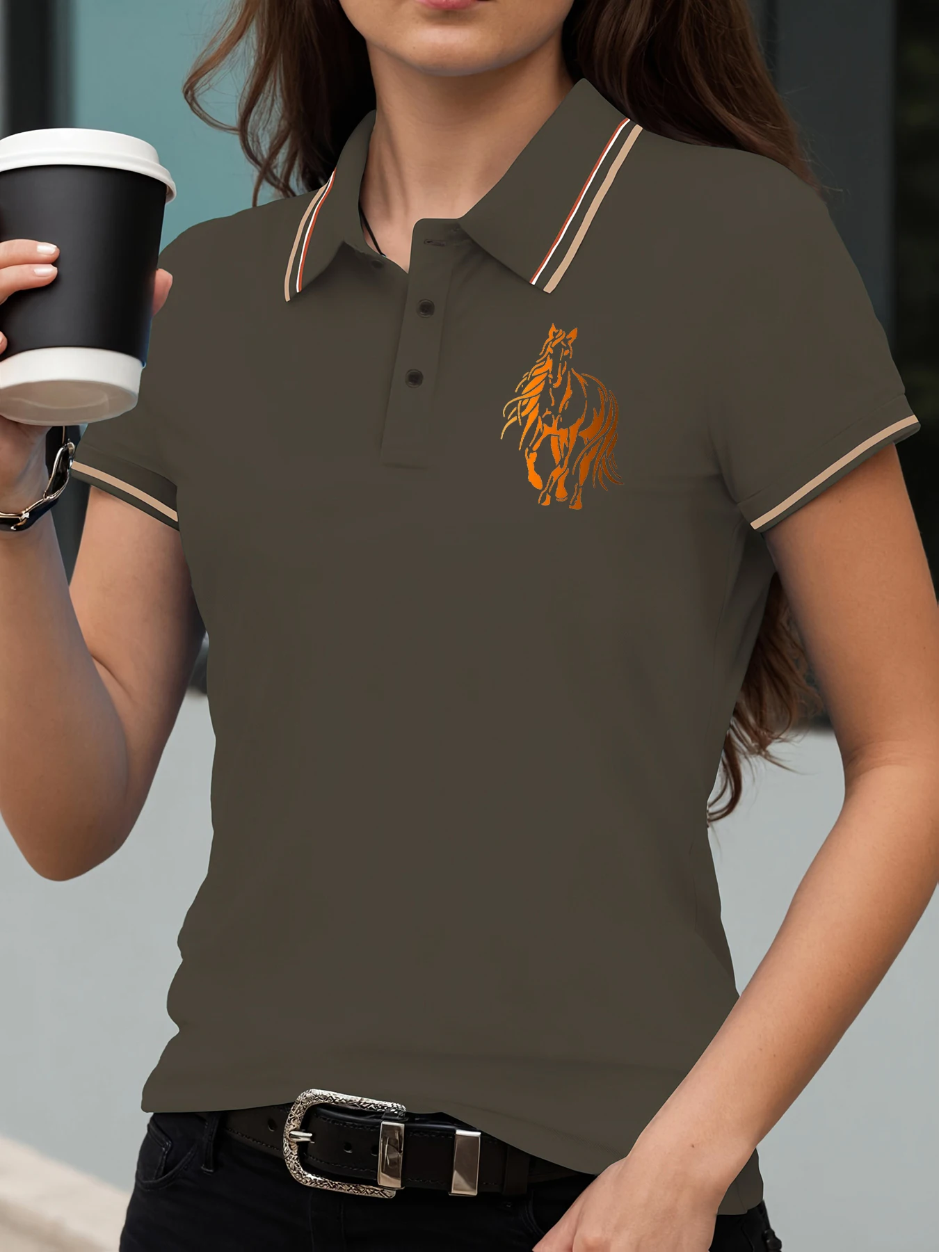 Golden Warhorse Printing Polo Shirt Women Summer All-Match T Shirts Trendy Contrast Short Sleeve Female Lapel Soft Streetwear
