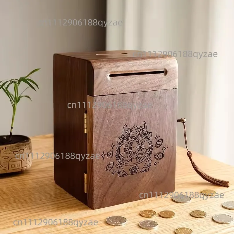 Piggy Banks for Adults, Solid Wood Money Bank, Walnut Handmade Money Saving Box with Lock, Wooden Safe Coin Jar, Home Decoration