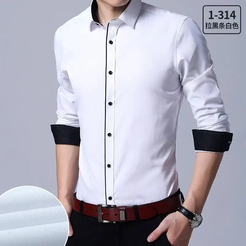 

2024 New Youth Shirt Men's Long-Sleeved Business Casual Professional Wear Black Collar White Shirt Fashion Pure Color Bottoming Shirt Pure Color Black Line Versatile Fashion Business Men's Clothing Intimates