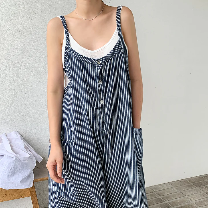 الكورية Sle وزرة مخططة غير رسمية المرأة فضفاضة بنطال ذو قصة أرجل واسعة مع كيتس كبيرة بنطلون طويل عالية الخصر تخفيف Sle