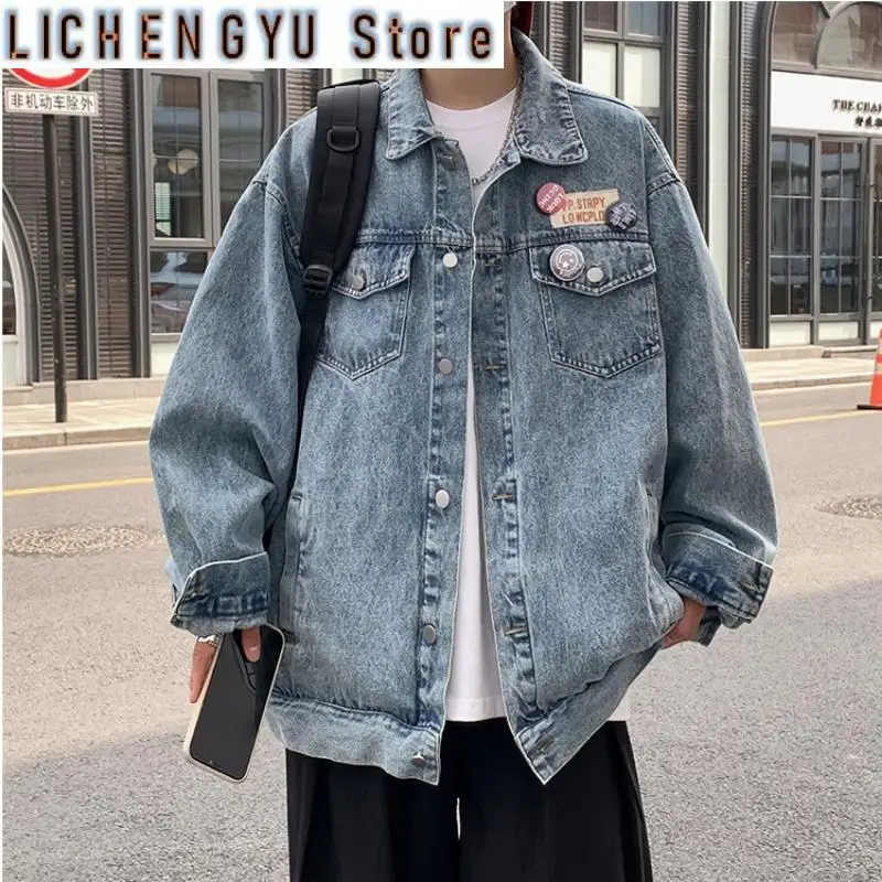 Korean Version Men New Solid Color Versatile and Single-breasted Lapel Loose Casual and Chic Denim Jacket for Spring and Autumn.