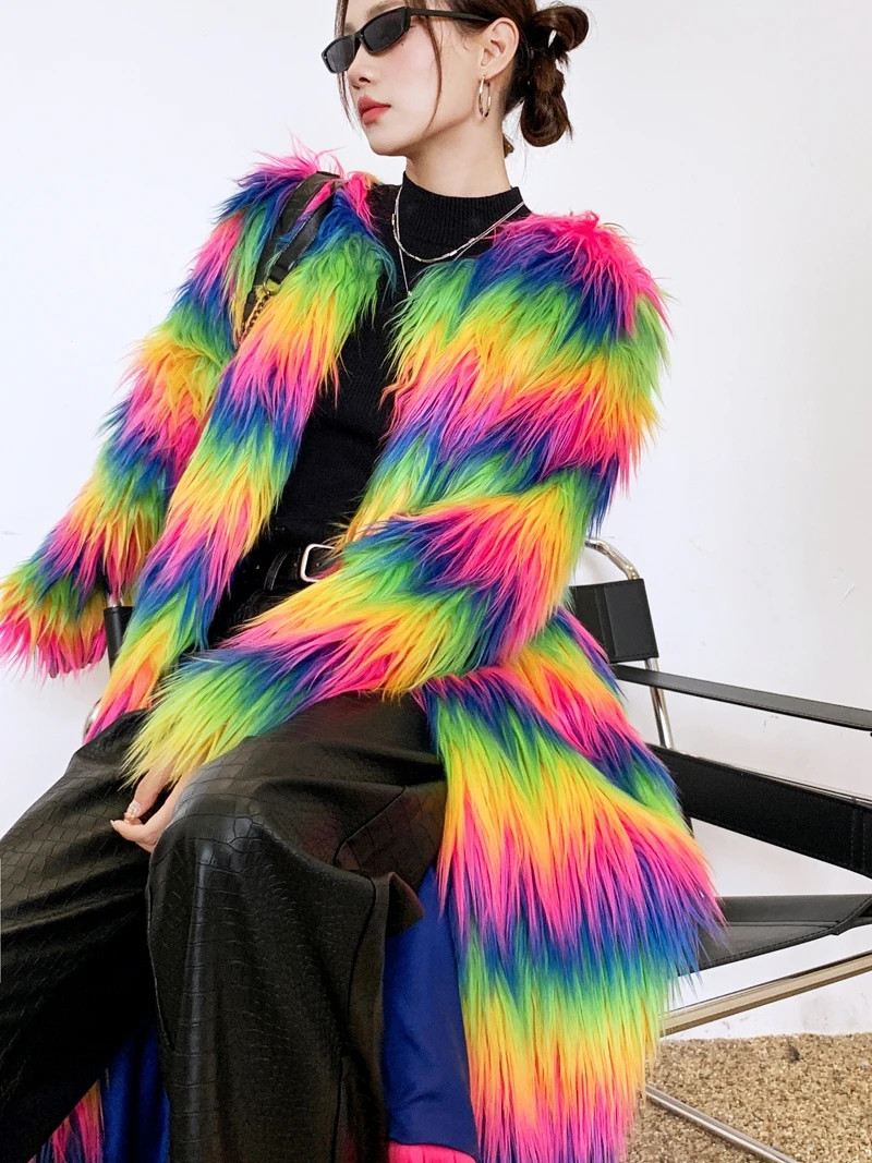 Original Design Rainbow Faux Fur Coat Female Over the Knee Long Jacket Lady Shaggy Outerwear Women\'s Winter Coats Promotion