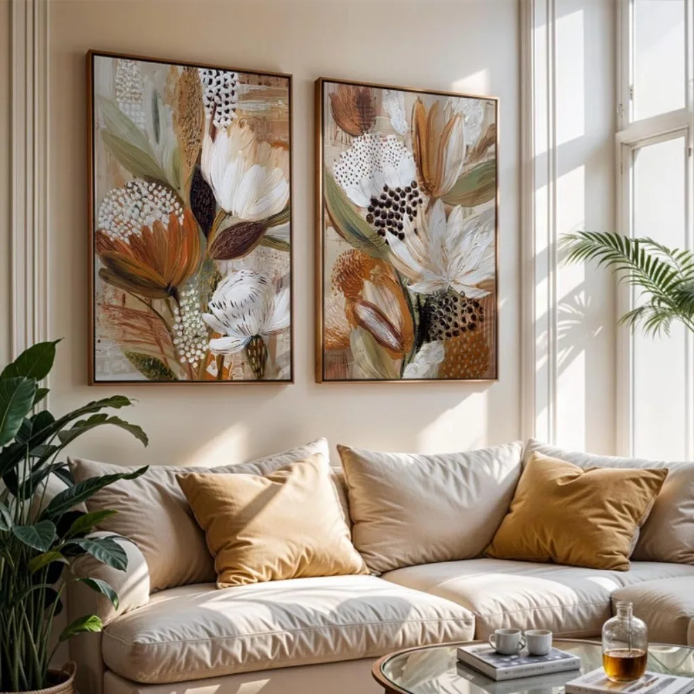 Frameless Flower Wall Art Prints, Bohemian Plants, Abstract Flower Paintings, Modern Country Home Decoration, Digital Download