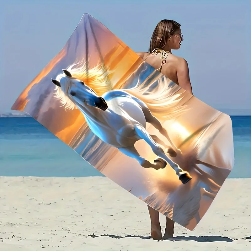 1PC White Horse Pattern Beach Towel Multi-Purpose for Seaside Swimming Pool Bathroom Camping Travel Yoga Fitness