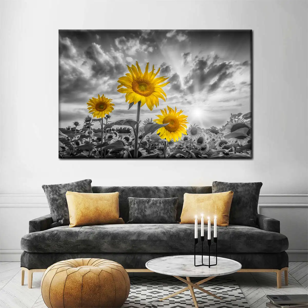 Black White Sky Yellow Sunflower Field Wall Art, Nature Landscape Poster, Unframed Canvas Print Home Room Decor