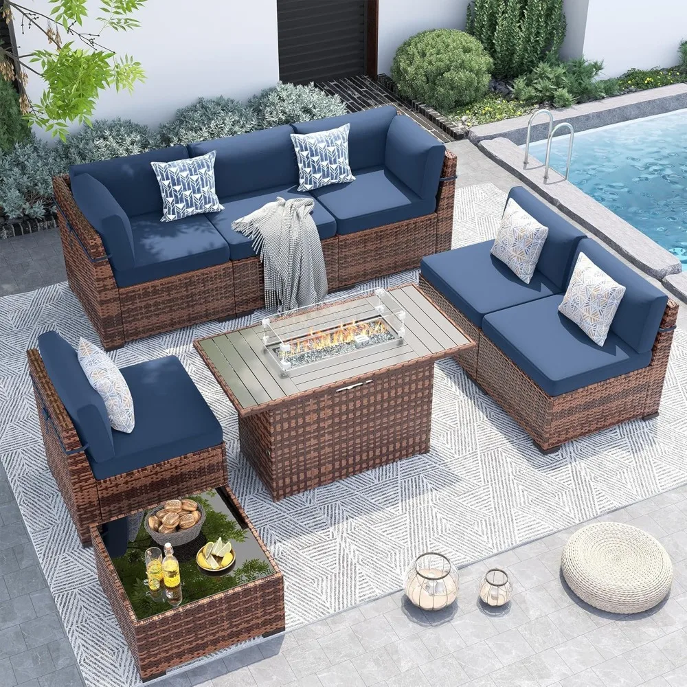 

Patio Furniture Set with 44'' Fire Pit Table,Modular Outdoor Furniture Sets,Slanted Back Outdoor Sectional Conversation Set PE