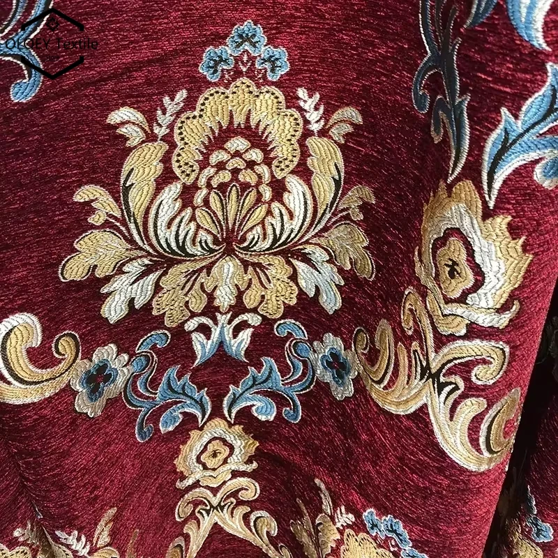 

Baroque Chenille Drapes Blackout Custom Size European Chateau Style Wine Red Luxury Jacquard Curtains with Golden Tassel Valance