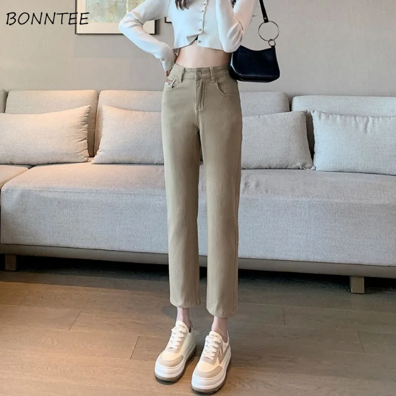 Jeans Women Straight Korean Style Minimalist Solid Ladies Comfortable Popular Casual Ankle-length Denim Trousers Autumn Elegant