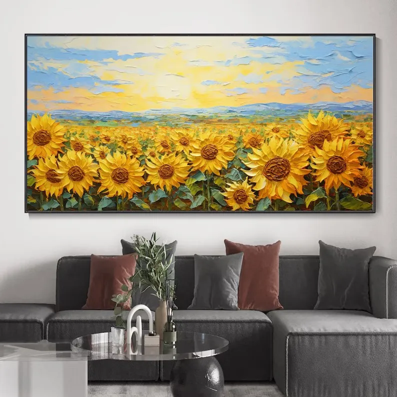 Large-sized frameless canvas paintings,Retro Sunset Sunflower Field Floral Landscape Nordic Poster Canvas Painting Wall Art Pict
