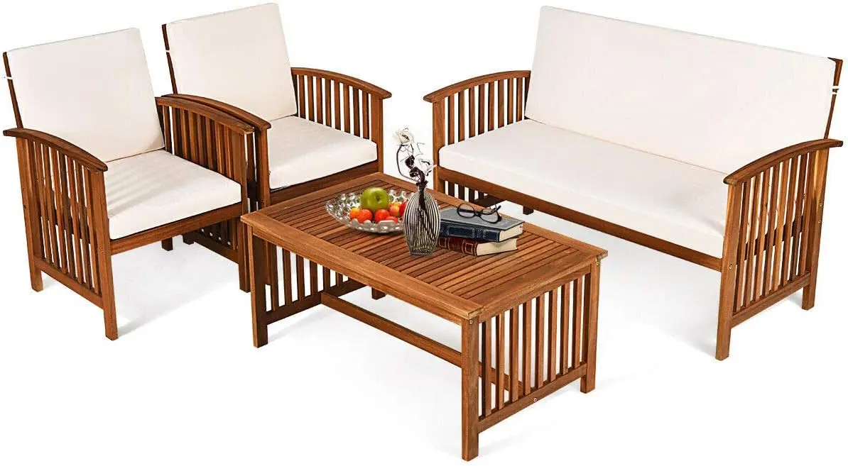 Outdoor 4 Pcs Acacia Wood Sofa Set Water Resistant Cushions Padded Patio Seating Chat Set Coffee Table for Garden White