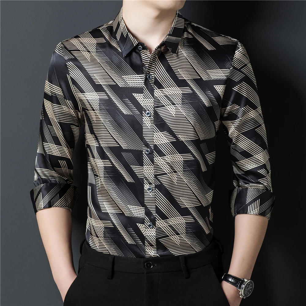 

Silk Luxury Dress Men Shirt Geometric Printed Long Sleeve Loose Sping Quality Smooth Comfortable Vintage Casual Camisa Masculina