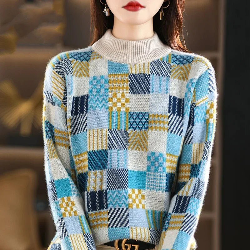 Korean Autumn Winter New Half High Collar Woolen Sweater Women\'s Printed Thick Fashion Versatile Long Sleeve Knitted Pullovers