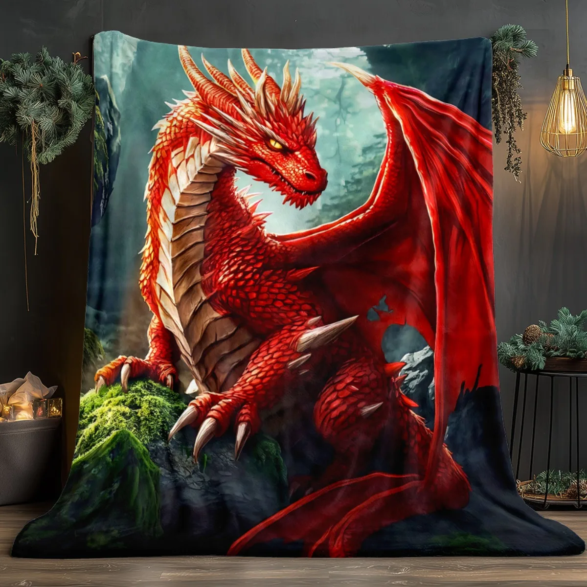 Red Dragon Fantasy Art Fleece Blanket Mythical Creature Design Soft Cozy Bed Cover for Kids Adults