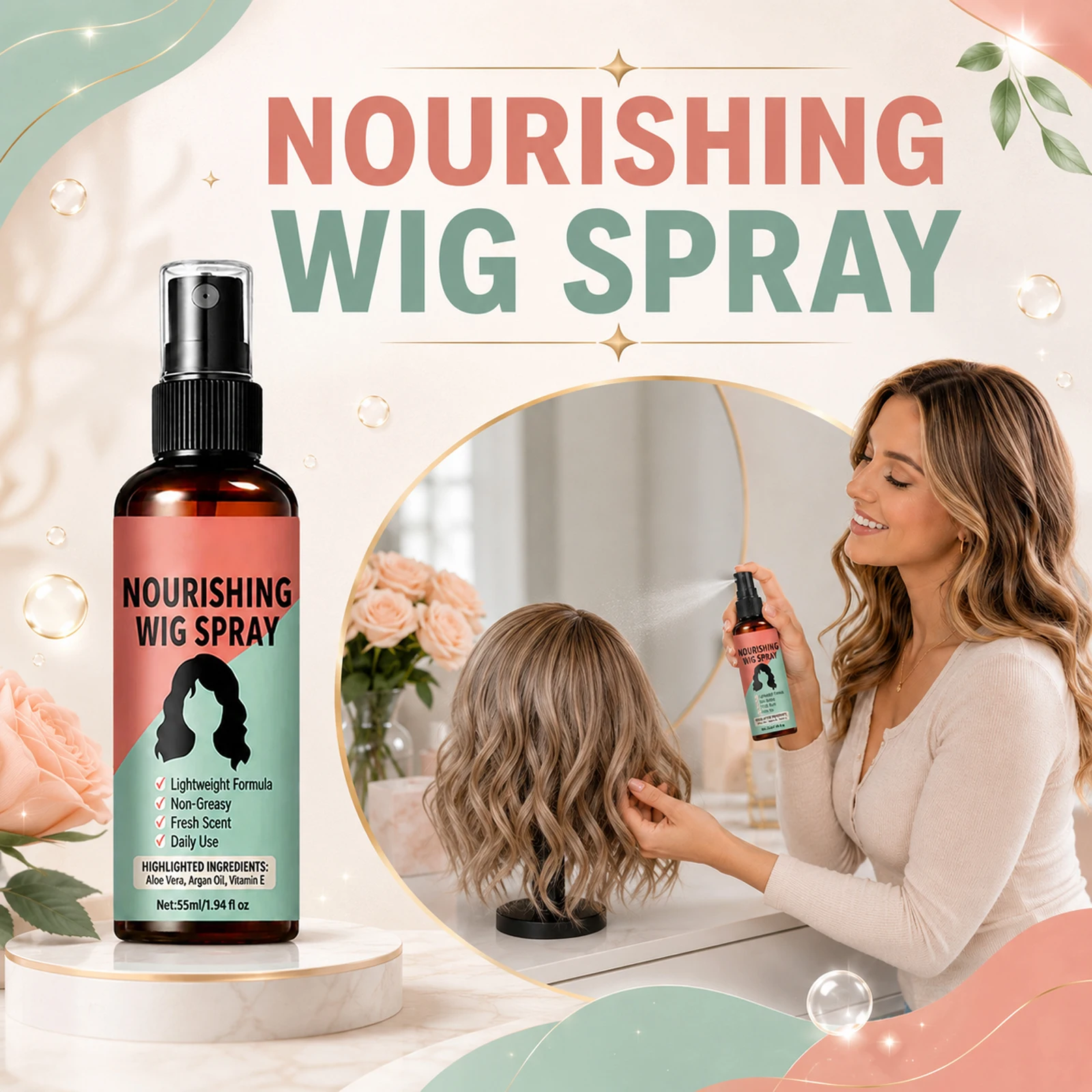 Lightweight No-Rinse Nourishing Wig Spray Leave-ln Conditioner Spray for Synthetic Hair Non-Greasy Formula, Smooths & Refreshes
