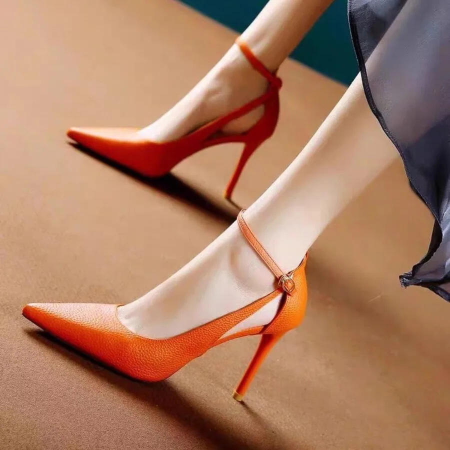 Women High Heel Shoes Sexy Thin Heels Pumps for Women Orange Patent Leather Pointed Toe Party Shoes Woman Slip-On Stiletto