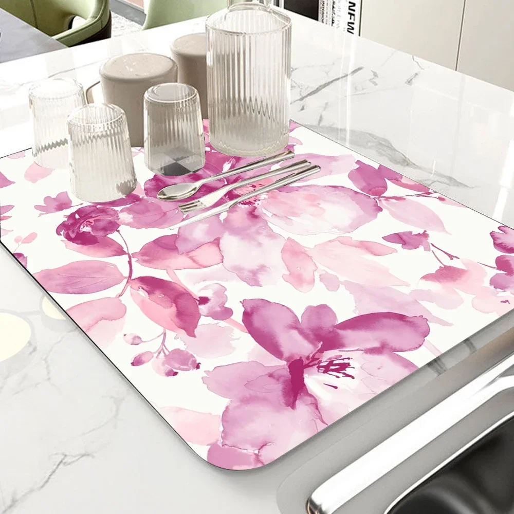 Watercolor Style Absorbent Mat Plant Flower Rose Draining Mat Kitchen Tableware Drying Tableware Non Slip Carpet Tableware