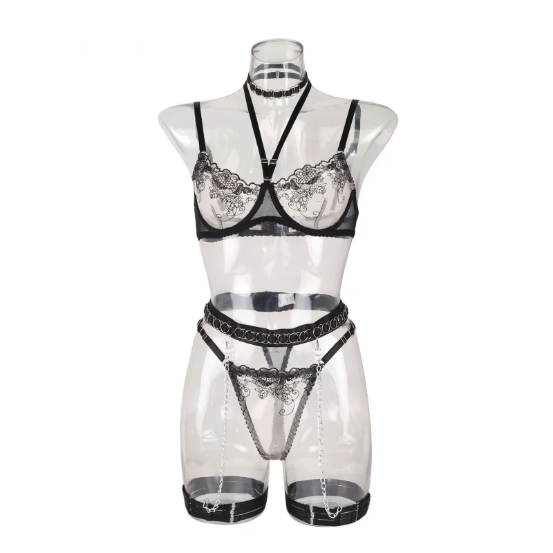 Lingerie seksi Halter rantai logam tembus pandang tambal sulam berongga renda tersedia Eropa dan Amerika