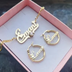 LeeChee Heart Zircon Custom Name Letter Necklace 20mm Round Hoop Twist Earrings Jewelry Set