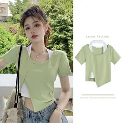 Korean Simplicity Contrasting Colors Short T Shirts Summer New Casual Off Shoulder Tops Tees Youth Sweet Fashion Women Clothing