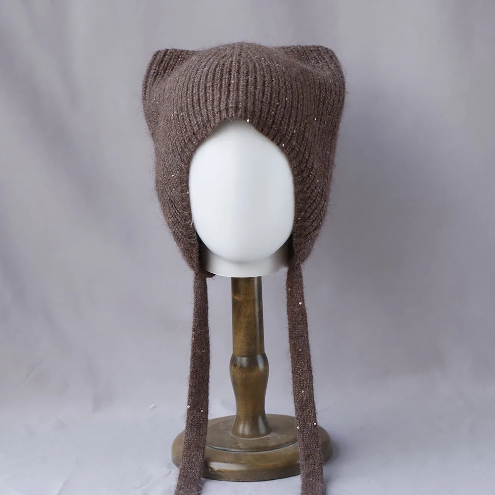 Shine Outdoor-Mütze mit tiefem Krempe und Katzenohren, sowjetische Mütze, Damen-Wintermütze, Rattanmütze, Pelzmütze, süße Mütze, Strickmütze aus Fleece. – Detail 8