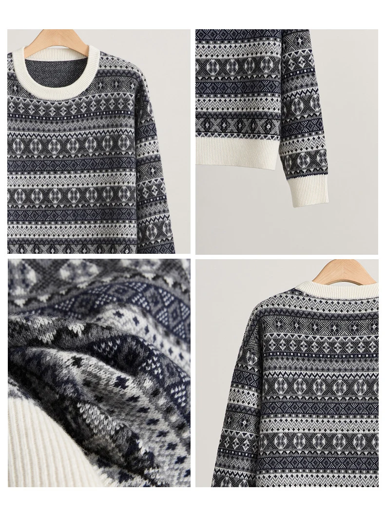 SuyaDream، سترة جاكار نسائية، صوف خروف 100%، رقبة دائرية، بلوفرات دافئة، بلوزة محبوكة لخريف وشتاء 2025، رمادي، بني