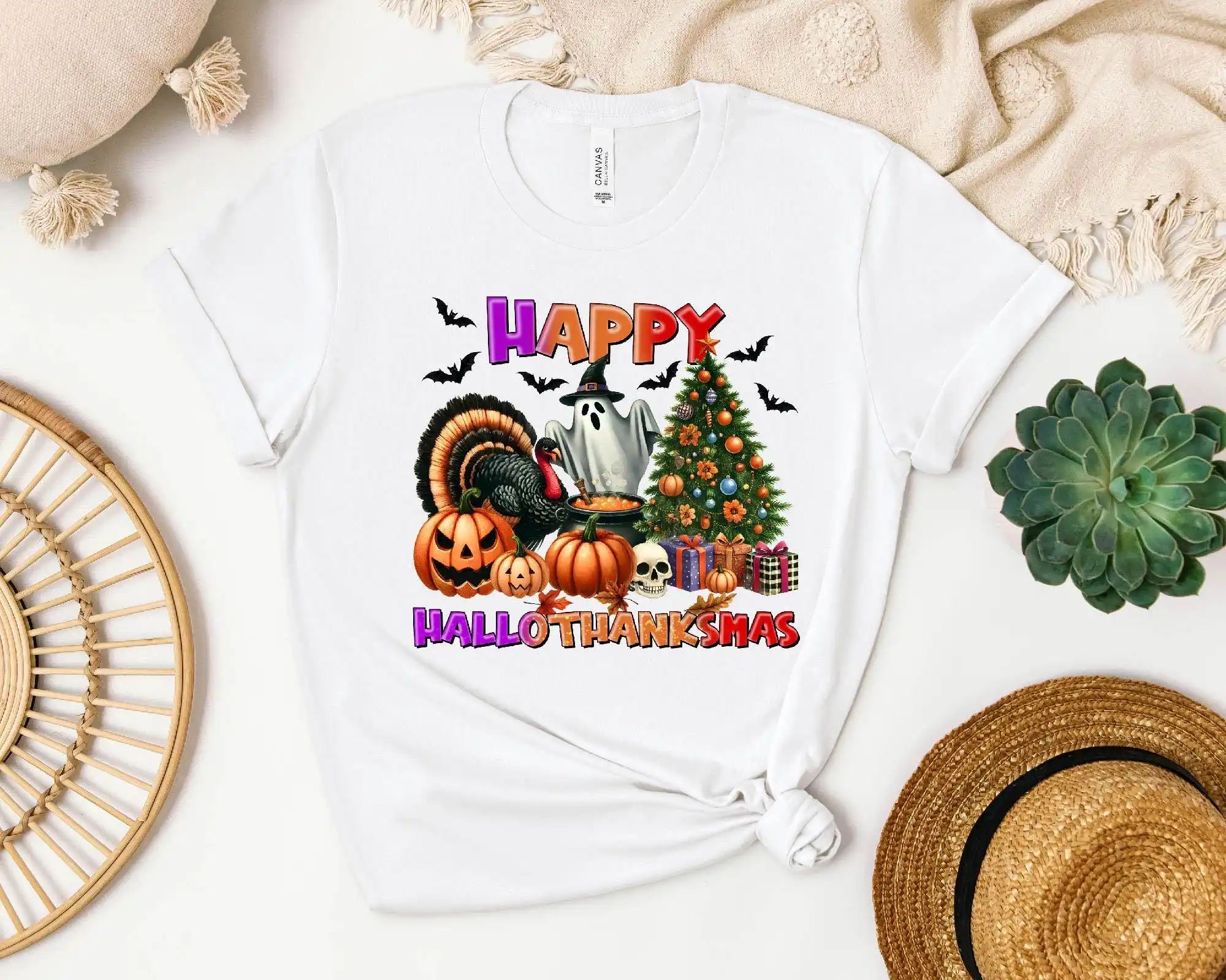 

Happy Hallothanksmas T Shirt Halloween Thanksgiving Christmas Holiday Season Funny Fall Autumn