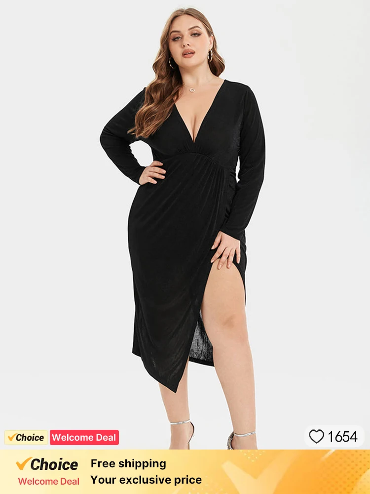 

Plus Sized Clothing Solid Elegant Long Sleeve Split Thigh V-Neck Ruched Midi Dress Black Sexy Party Dresses for Women Girls