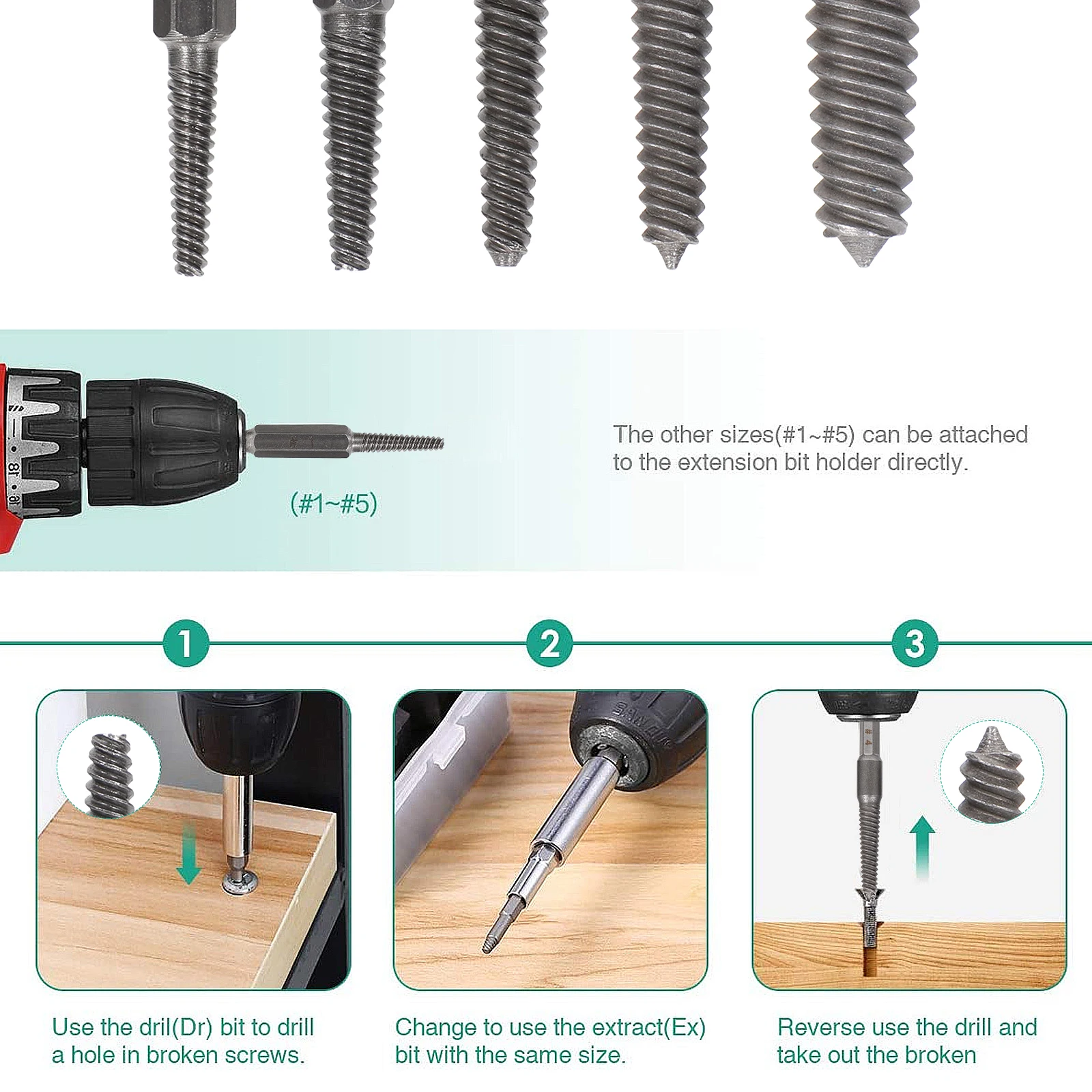 

5pcs Screw Extractors Set Steel Stripped Broken Damaged Bolt Removal Tool Socket Head Caps Hex Screws Remover Easy Out For Home