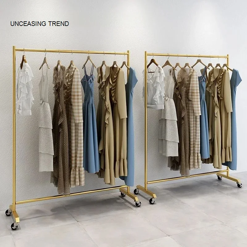 Kledingopslag Staafstandaard Wielen Mobiel Opvouwbare kledingdrooghangers Rail Gouden balkon Colgador De Ropa Slaapkamermeubilair