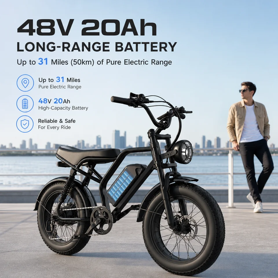 20"x4.0" Fat Tire Electric Bike, 48V 20Ah Battery 31Miles Pure Electric Range E‑Bike, Full Dual Suspension IPX6 Waterproof Off‑Road Retro Electric Bicycle for Adults image 7