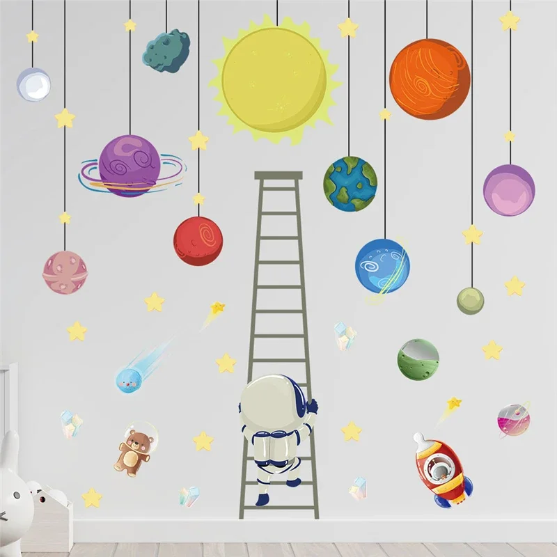 Cartoon Astronaut Colorful Planet Balloon Wall Sticker For Kids Room Home Decoration Cartoon Mural Art Pvc Decal Space Poster