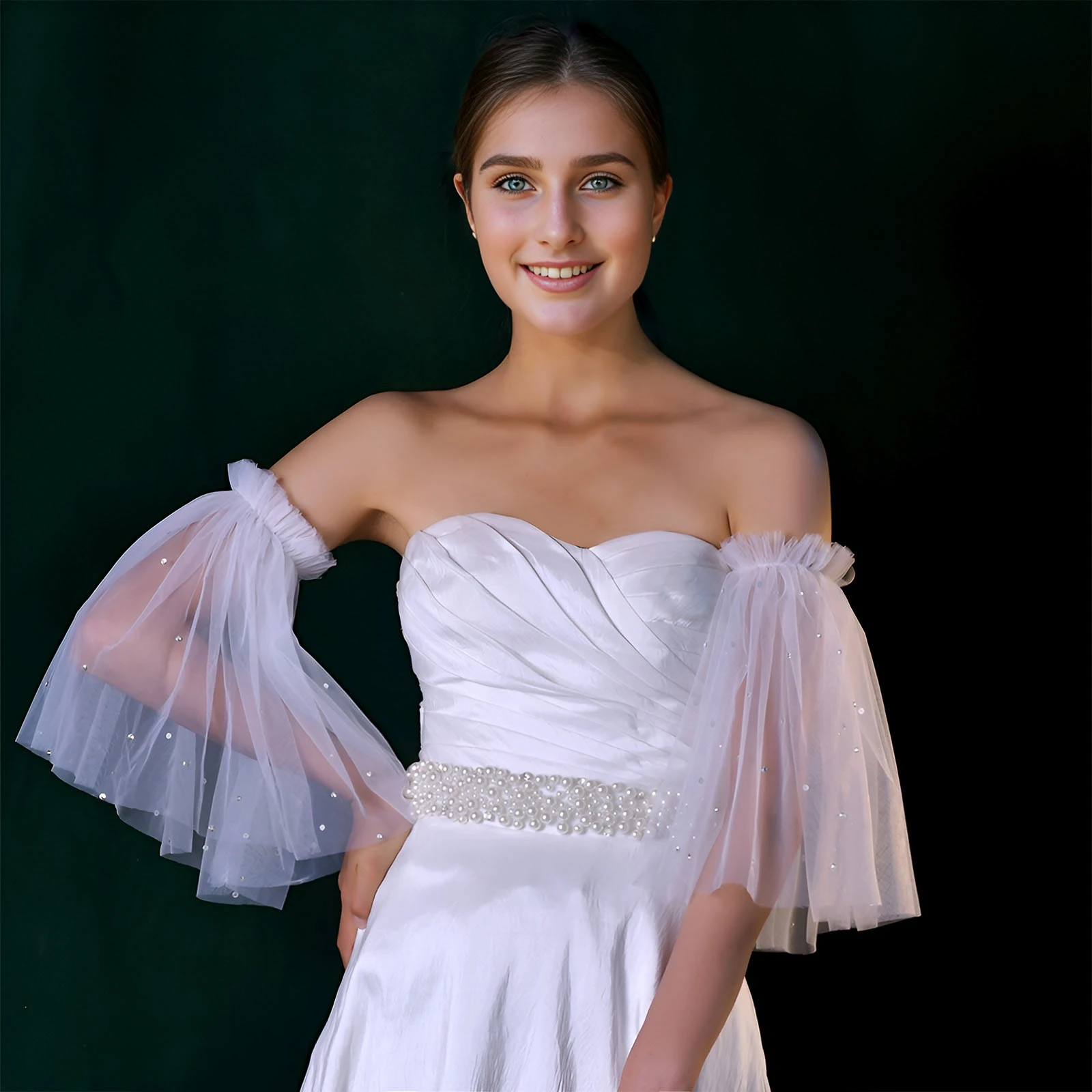 TOPQUEEN MM23 Bridal Gown Short Cape Women's Mesh Shoulder Sleeves Removable Elastic Cute Flower Gloves And Glitter Sequin Glove