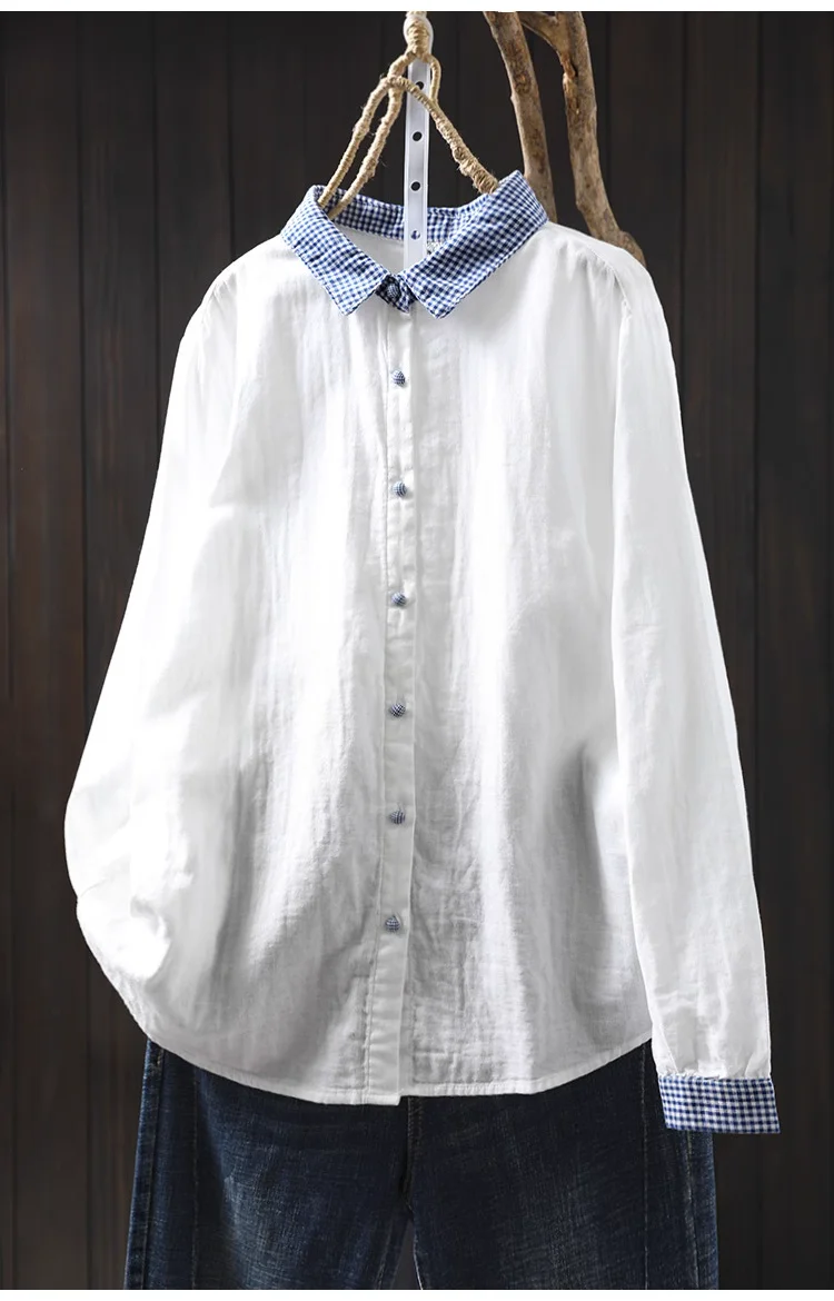 

Autumn new women's clothing 100% cotton yarn plaid collar white navy blue shirts and blouses for women long sleeve tops ladies