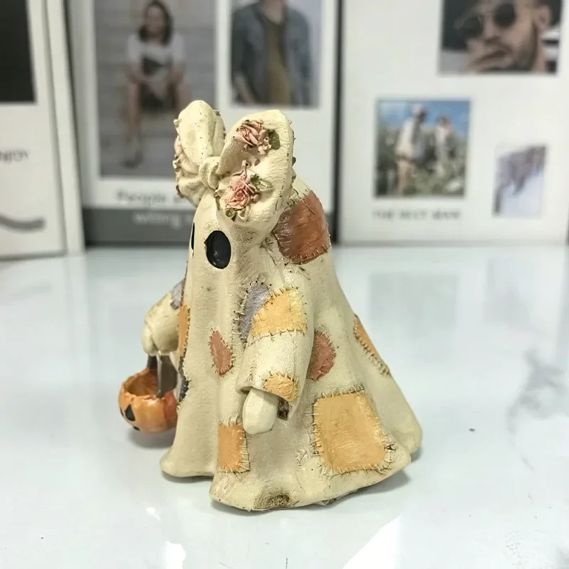 Patchwork Ghost LED Night Light Halloween Floral Big Bow Ghost Statue Mini Pumpkin Design Table Decor Gift