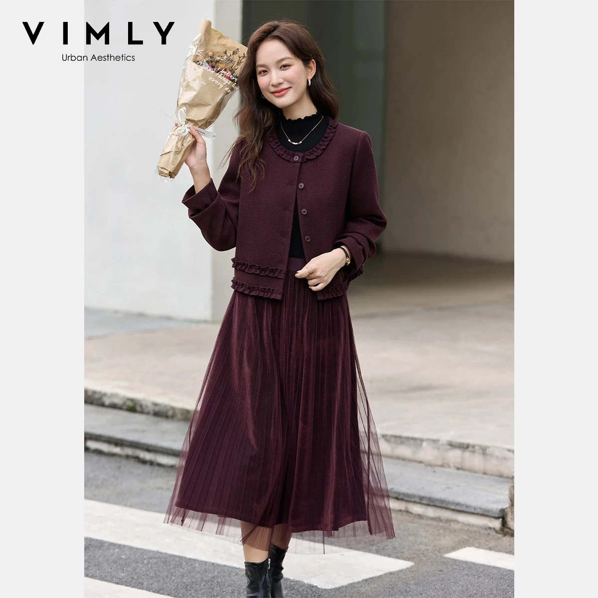 

VIMLY Purple Elegant Women's Skirt Suit Set Winter 2025 Ruffle Round Collar Velvet Tops Midi Skirts Vintage Sets 2 Pieces A3138