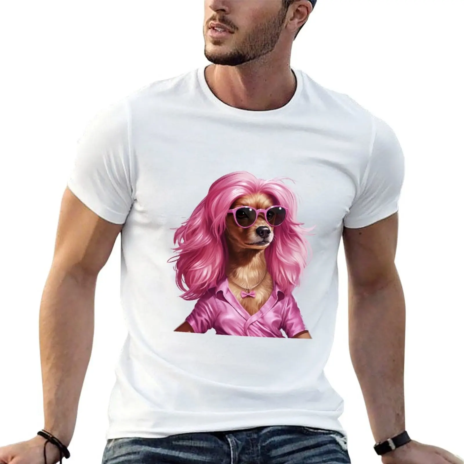 Dog With Pink Hair and Glasses T-Shirt t shirts for man slim fit t shirt man luxury t shirt for man T-shirt